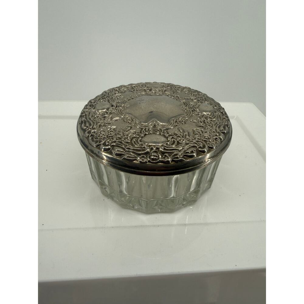 Vintage Silverplate Glass Trinket Dish Vanity Jewelry Dresser Ornate Round 3in - Picture 3 of 3